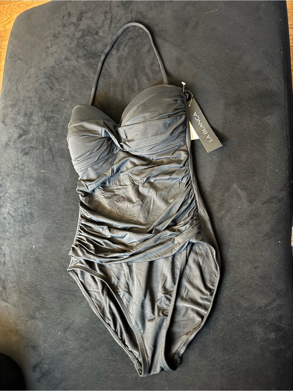 La Blanca Black Ruched Halter One Piece Swimsuit Size 10 NWT MSRP $109